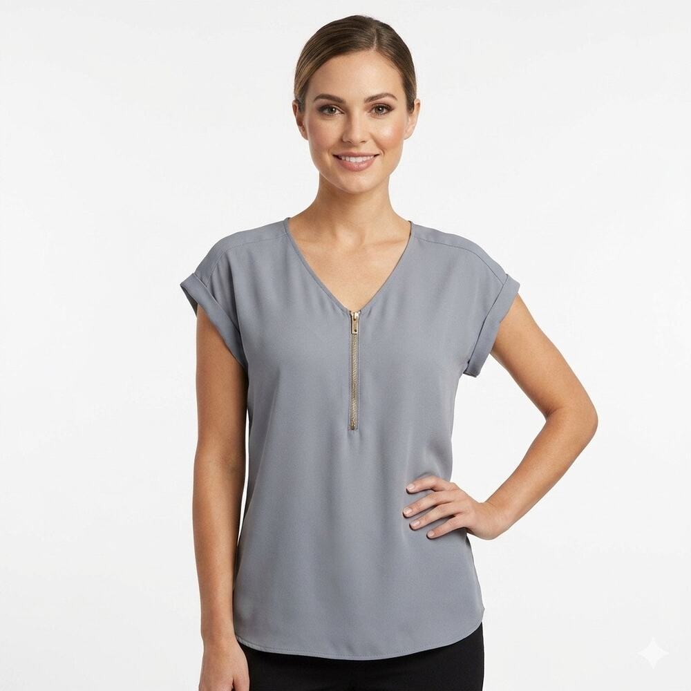 Express Women's Blouse Size M Gray Zipper V-Neck Cap Short Sleeve Silky Top